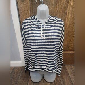 Abercrombie And Fitch Women's White and Navy Blue Striped Sweater Hoodie  Size M